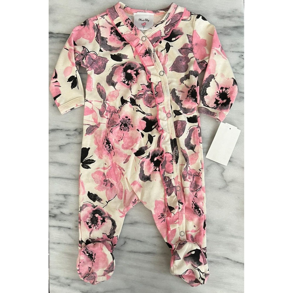 Mad Sky Baby Girls Footed One Piece sz 6M Pink Floral Ruffle Snap Closure